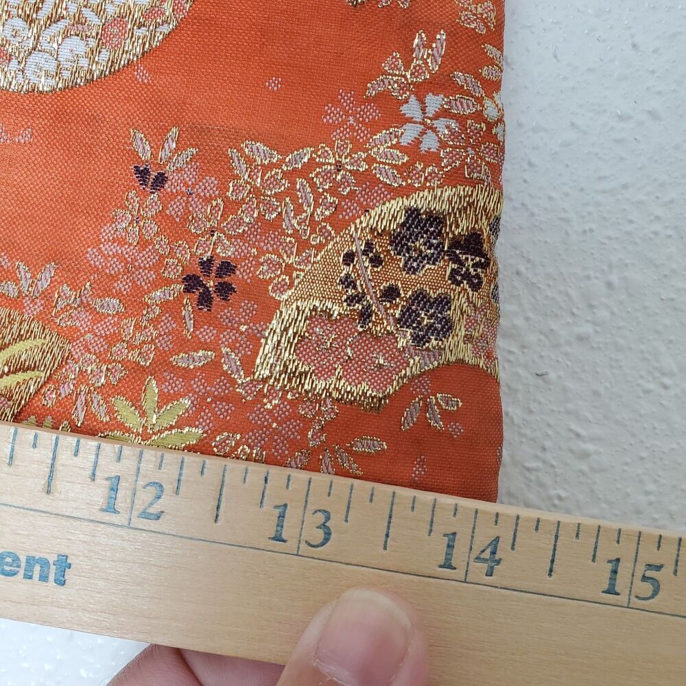 Vintage Orange Brocade Bamboo Handle Bag Gold Metallic Fan Floral Tote Handbag - Picture 8 of 16
